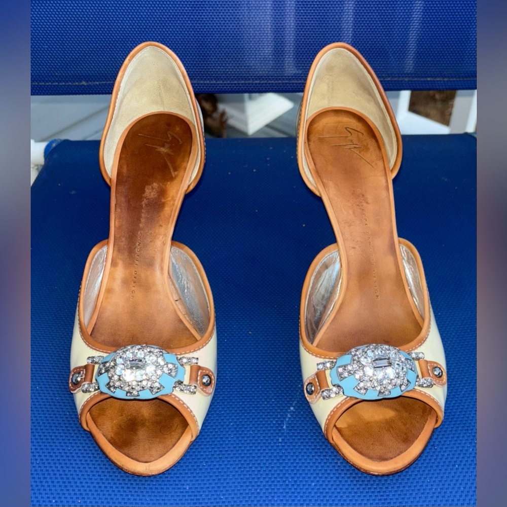 Vintage Giuseppe Zanotti Patent Leather Peep Toe Crystal Heels, Size 38 (7.5 US)